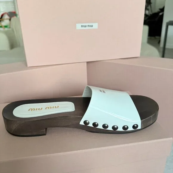 MIU MIU 5Z425E White Patent Leather Wooden Clogs Sandals, sz 38 - Picture 8 of 16